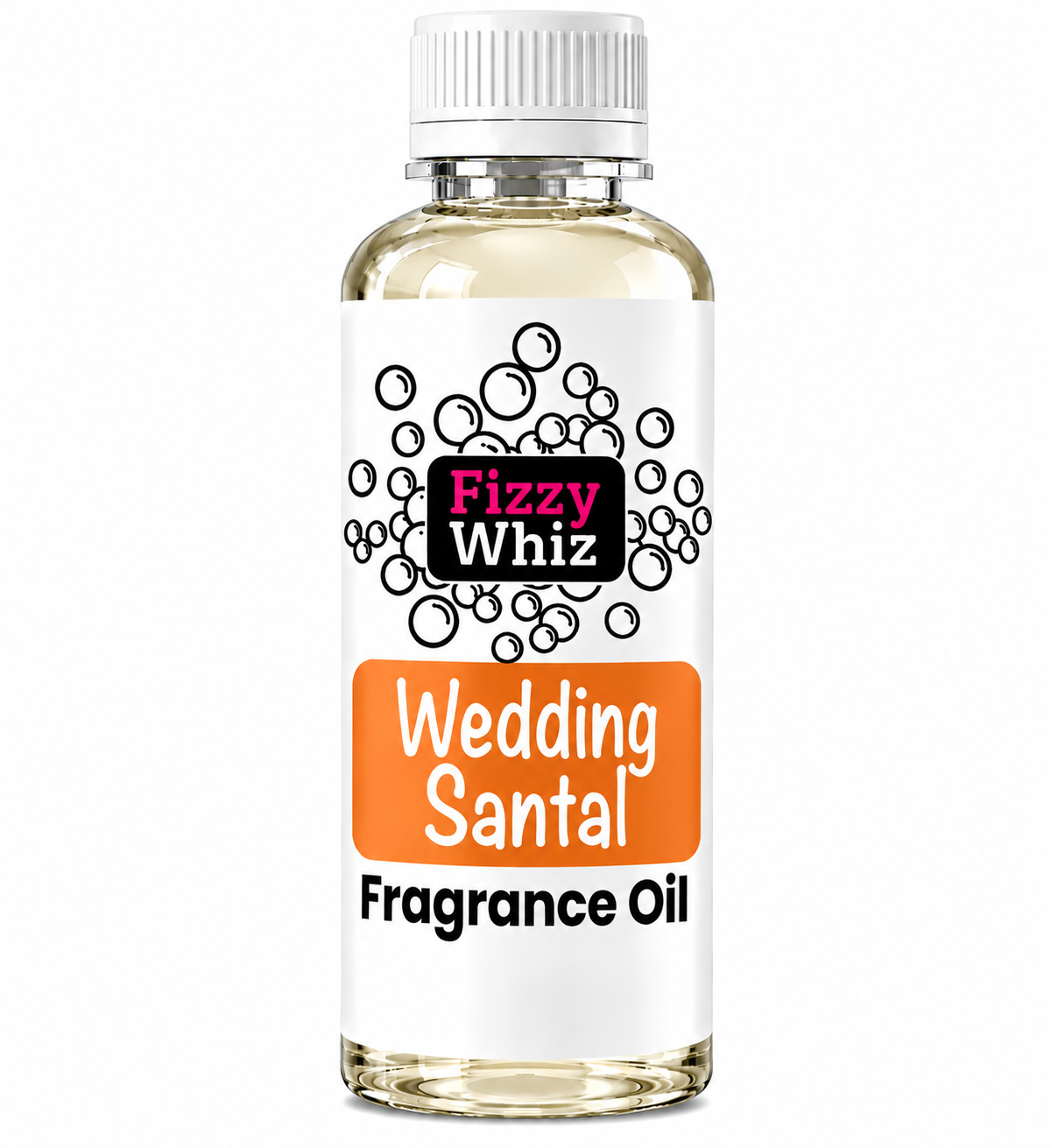 A bottle of Fizzy Whiz Wedding Santal Fragrance Oil on a plain white background. The bottle is made of clear glass showing the pale yellow liquid inside, has a white ribbed cap, and a white label with black text and graphics, featuring an orange block that reads 'Wedding Santal'.