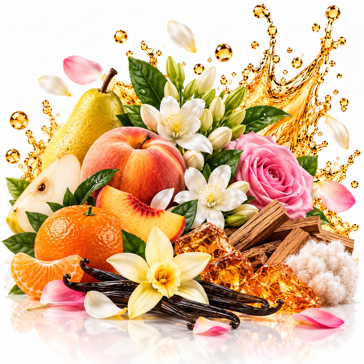 A stylized fruit and flower arrangement on a white background, featuring a pear, peach, orange, sliced orange, pink rose, white flowers, vanilla beans, cinnamon sticks, and a large gold liquid splash behind the arrangement.