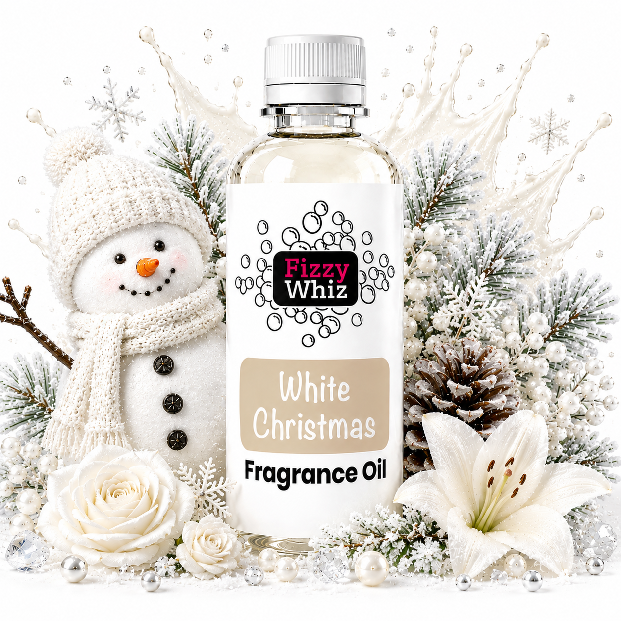 A bottle of Fizzy Whiz White Christmas Fragrance Oil centered on a white background, surrounded by festive holiday props including a snowman, white flowers, pine branches, and snowflakes.