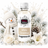 A bottle of Fizzy Whiz White Christmas Fragrance Oil centered on a white background, surrounded by festive holiday props including a snowman, white flowers, pine branches, and snowflakes.