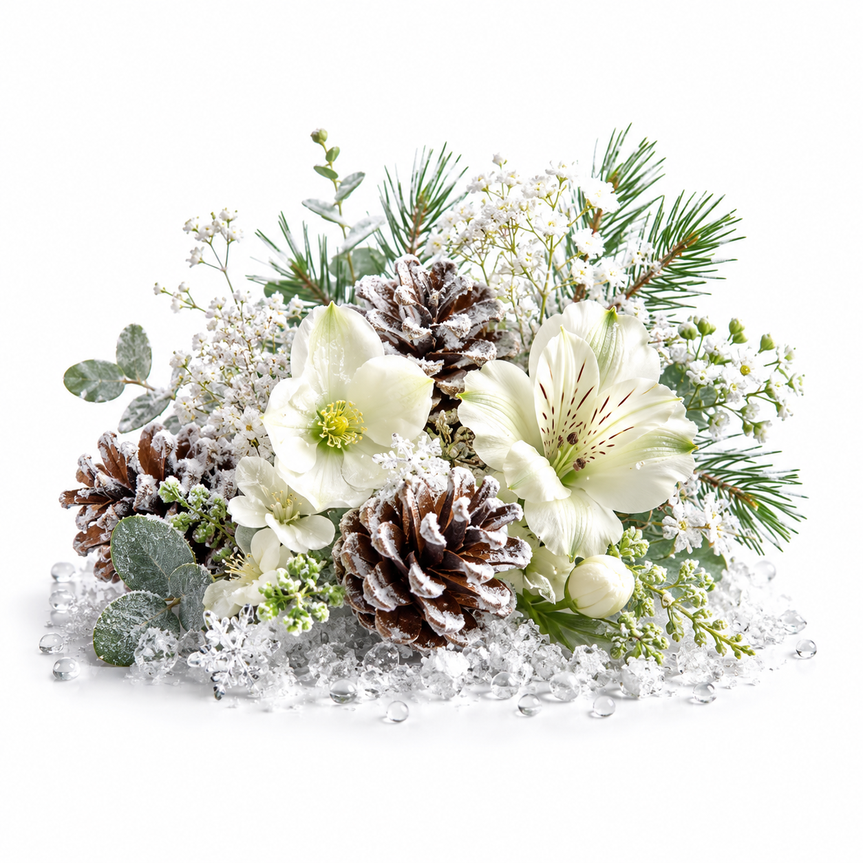 A winter-themed floral arrangement featuring white lilies, frosted pinecones, eucalyptus, and green pine branches, set in clear artificial snow on a solid white background.