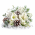 A winter-themed floral arrangement featuring white lilies, frosted pinecones, eucalyptus, and green pine branches, set in clear artificial snow on a solid white background.