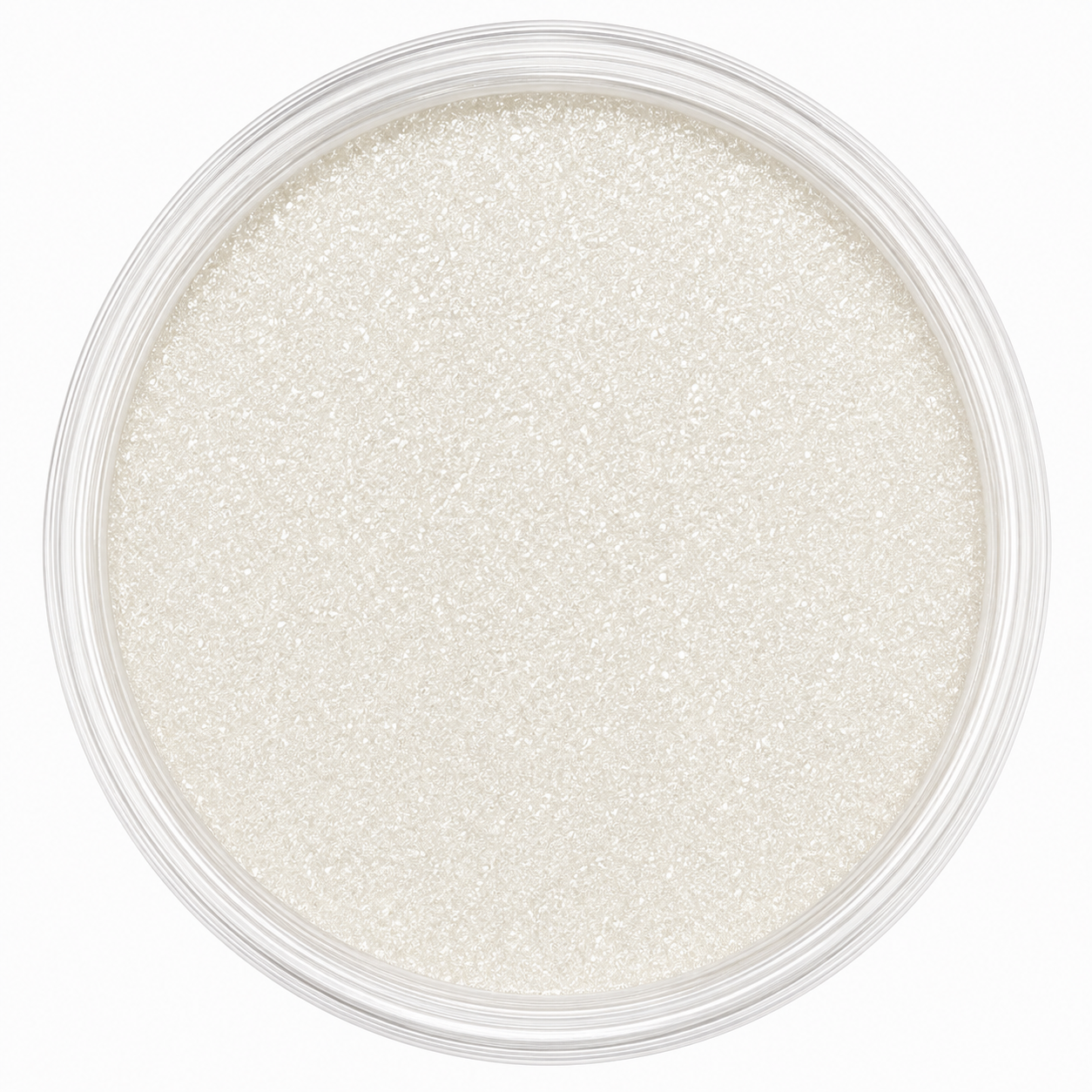 Top-down view of a clear round plastic jar filled with shimmering off-white glitter powder, set against a solid white background.