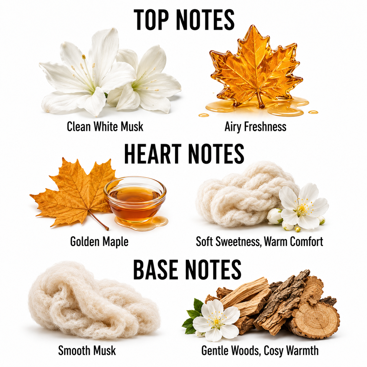 A fragrance notes graphic on a white background with labeled sections for Top Notes, Heart Notes, and Base Notes. Top Notes include White Flowers and an amber maple leaf labeled Airy Freshness.