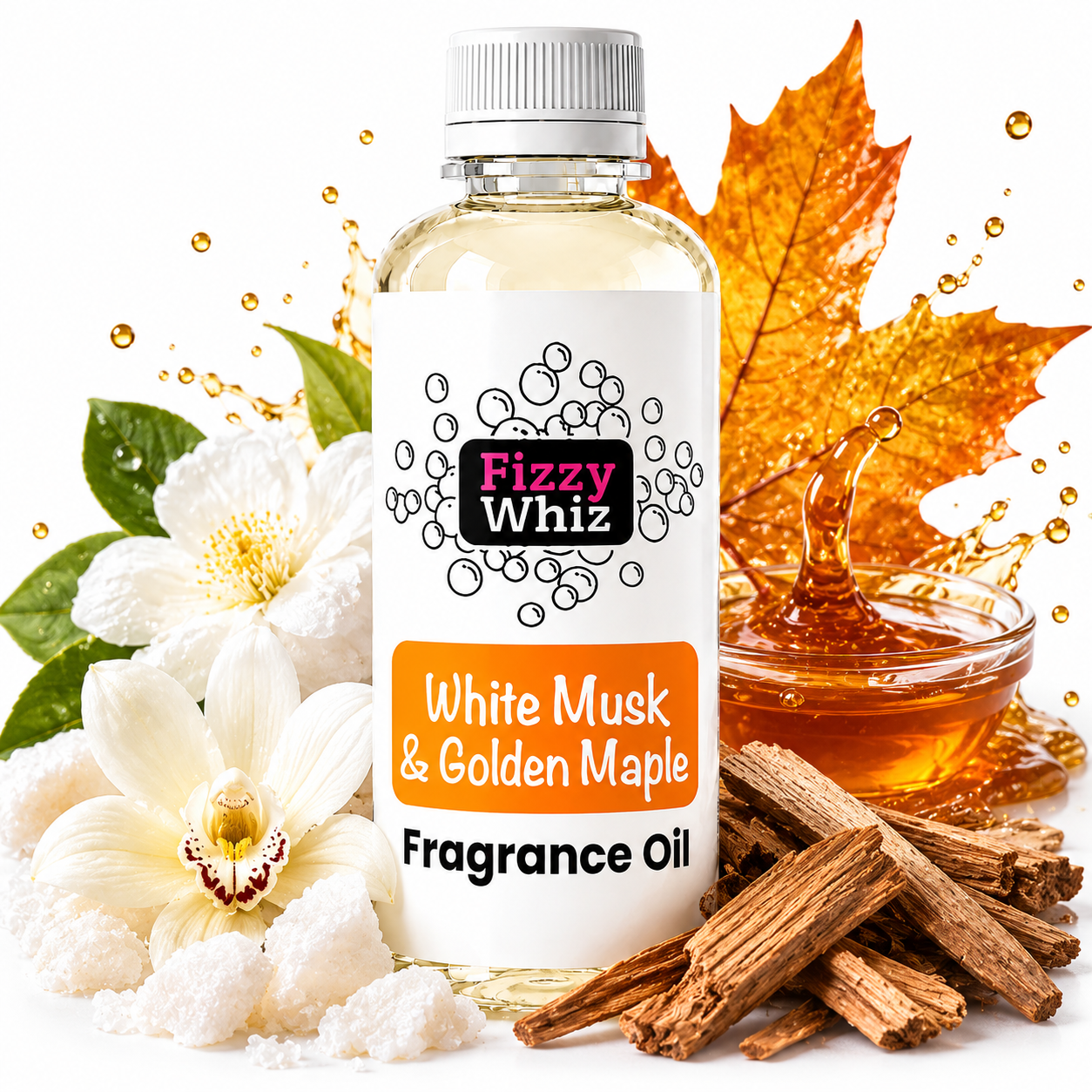 A bottle of Fizzy Whiz White Musk & Golden Maple fragrance oil centered on a white background, surrounded by autumn leaves, amber liquid, flowers, and wood chips as scent cues.