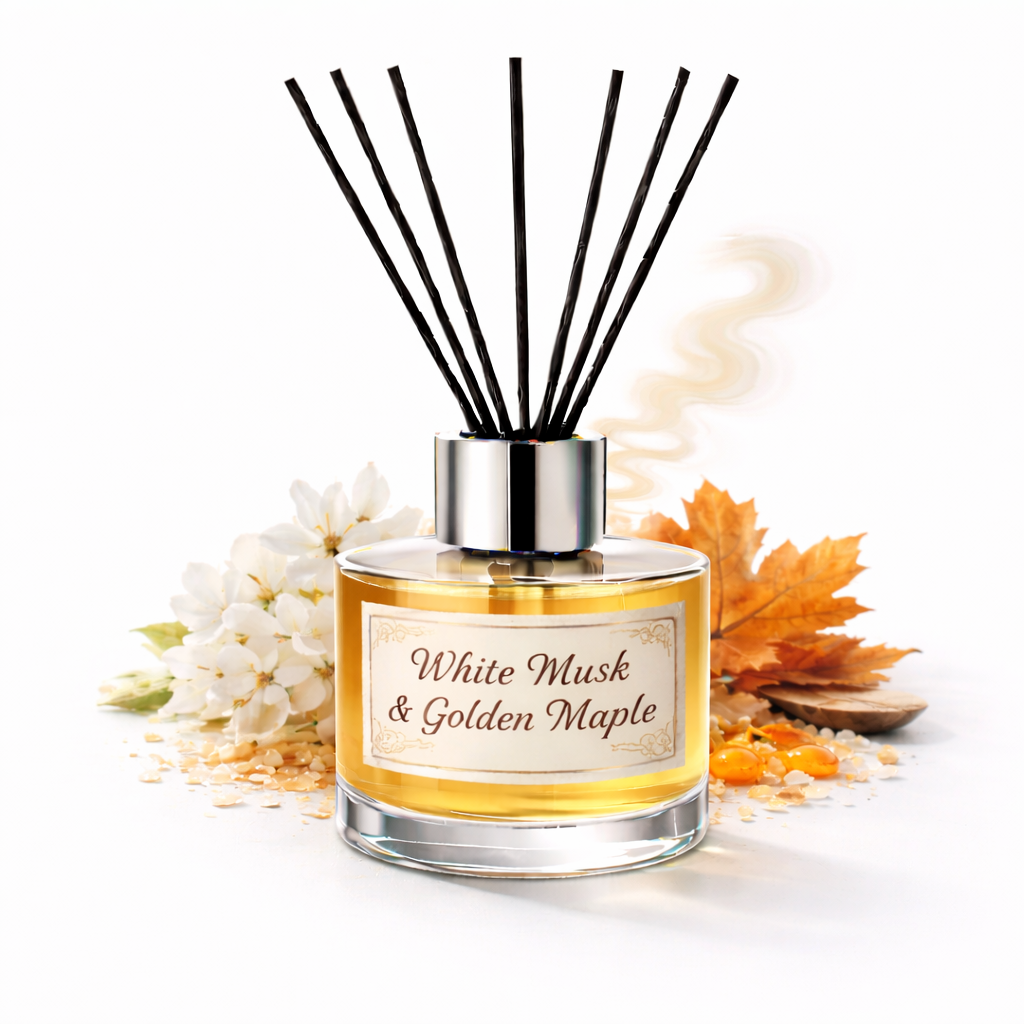 Diffuser bottle labeled 'White Musk & Golden Maple' with floral and leaf decorations on a white background