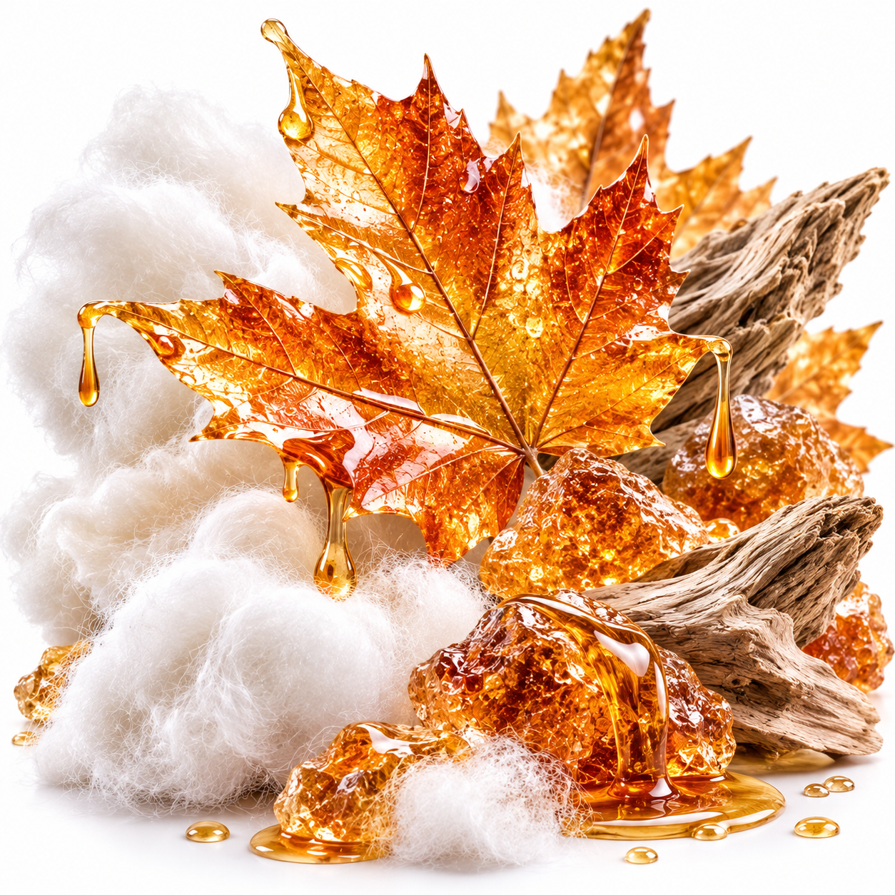 A decorative arrangement of translucent amber maple leaves, honey-like syrup, white fluffy cotton, and weathered driftwood on a clean white background.