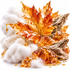 A decorative arrangement of translucent amber maple leaves, honey-like syrup, white fluffy cotton, and weathered driftwood on a clean white background.