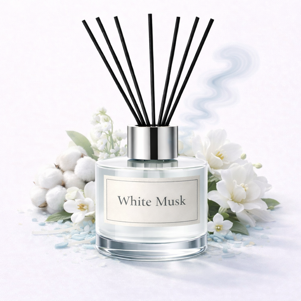 Diffuser bottle labeled 'White Musk' with black sticks on a white background with flowers.
