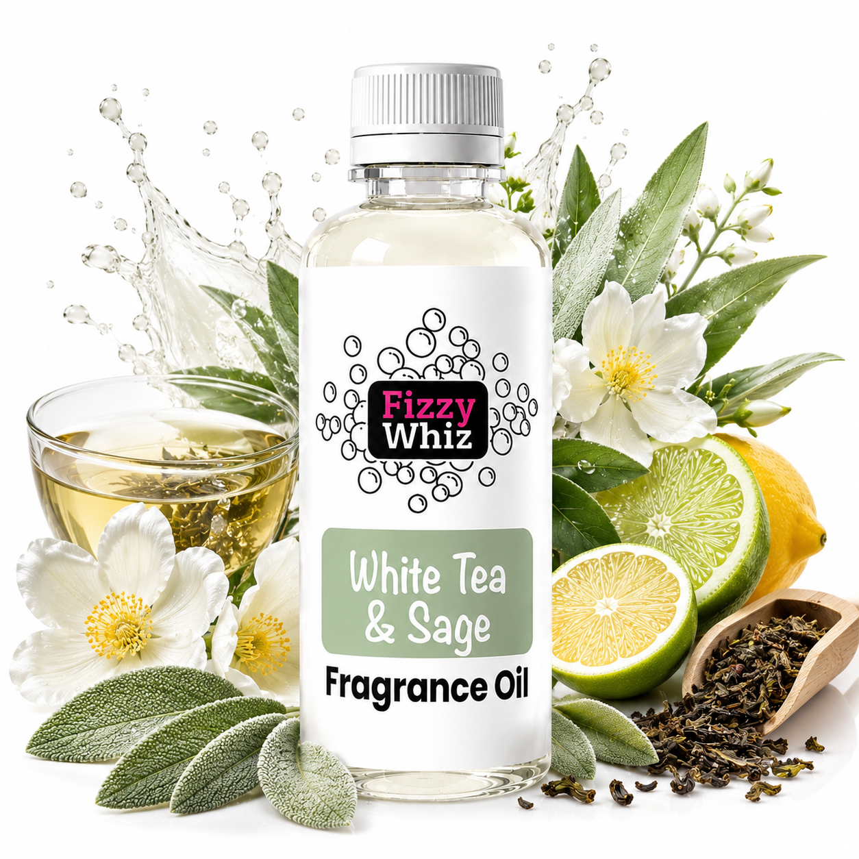 A bottle of Fizzy Whiz White Tea & Sage Fragrance Oil centered on a white background, surrounded by illustrative botanical and citrus props including sage leaves, white flowers, a glass of pale oil, sliced lime, lemon, and loose tea leaves.