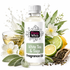 A bottle of Fizzy Whiz White Tea & Sage Fragrance Oil centered on a white background, surrounded by illustrative botanical and citrus props including sage leaves, white flowers, a glass of pale oil, sliced lime, lemon, and loose tea leaves.