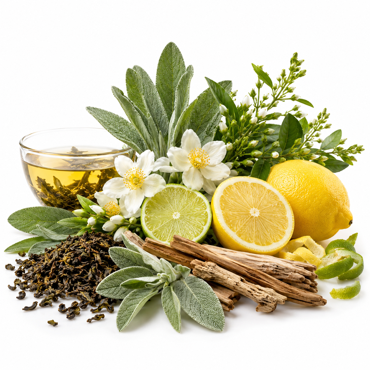 A styled botanical arrangement of loose-leaf herbal tea ingredients on a white background, including a glass cup of pale golden tea, dried tea leaves, cinnamon sticks, green sage leaves, white flowers, lime halves, a whole lemon, and lime zest.
