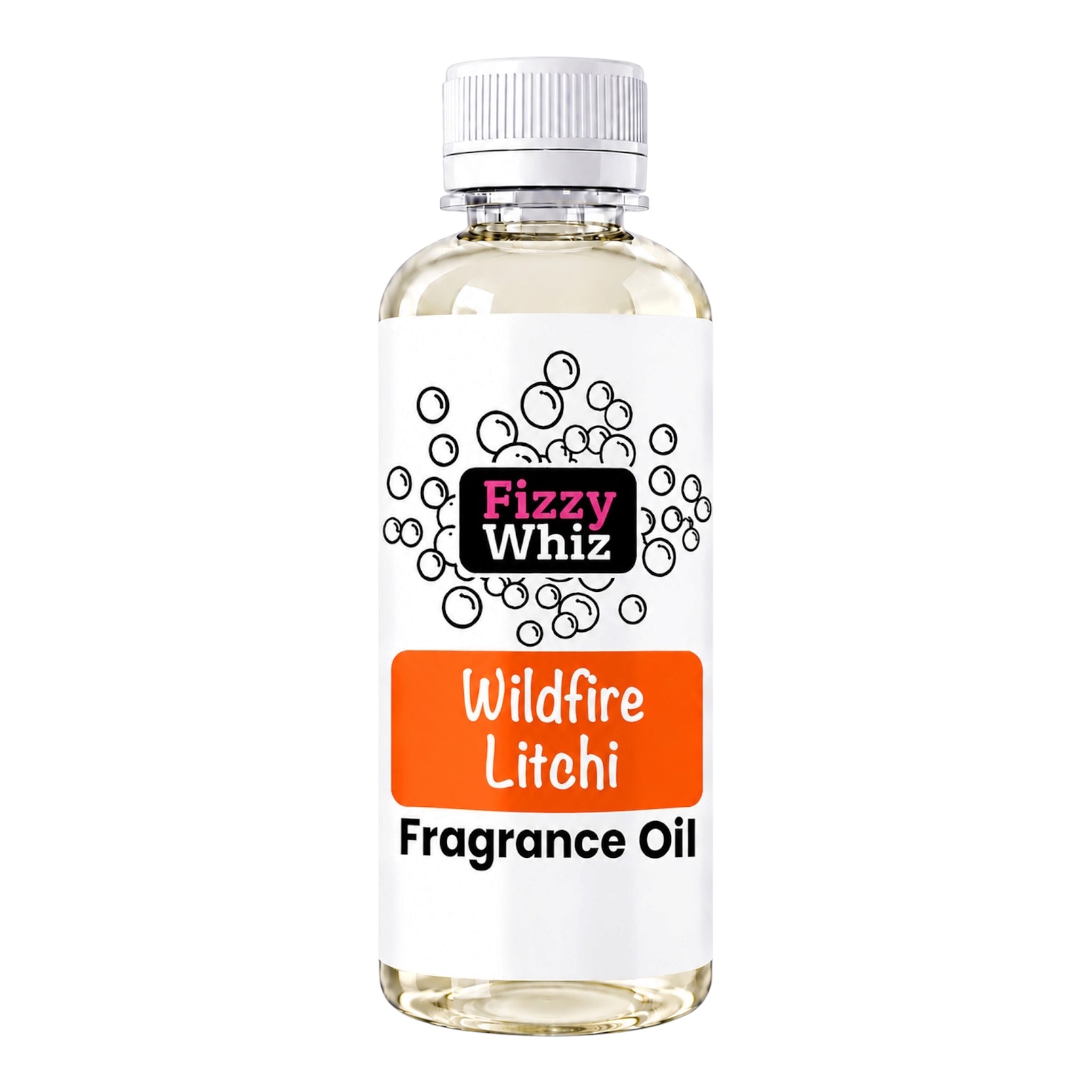 A bottle of Fizzy Whiz 'Wildfire Litchi' fragrance oil on a solid white background. The bottle is made of clear plastic, showing the pale yellow oil inside, and has a white cap and a white label with an orange label block.