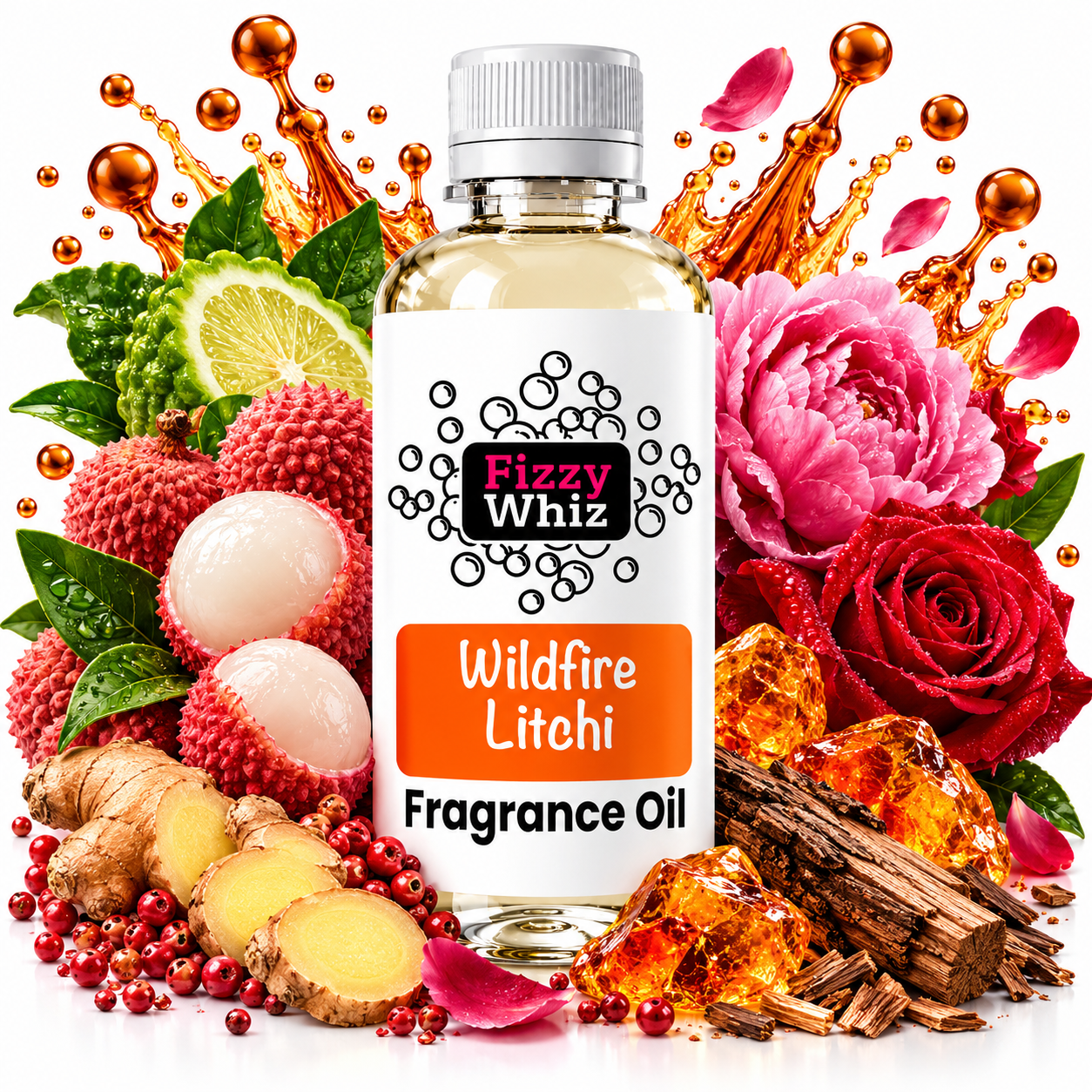 A bottle of Fizzy Whiz 'Wildfire Litchi' fragrance oil centered against a white background, surrounded by illustrated and photographic ingredients including litchi fruits, ginger, berries, wood bark, pink and red flowers, and orange liquid splashes. The bottle label clearly shows the brand 'Fizzy Whiz' and product name 'Wildfire Litchi Fragrance Oil'.