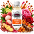 A bottle of Fizzy Whiz 'Wildfire Litchi' fragrance oil centered against a white background, surrounded by illustrated and photographic ingredients including litchi fruits, ginger, berries, wood bark, pink and red flowers, and orange liquid splashes. The bottle label clearly shows the brand 'Fizzy Whiz' and product name 'Wildfire Litchi Fragrance Oil'.