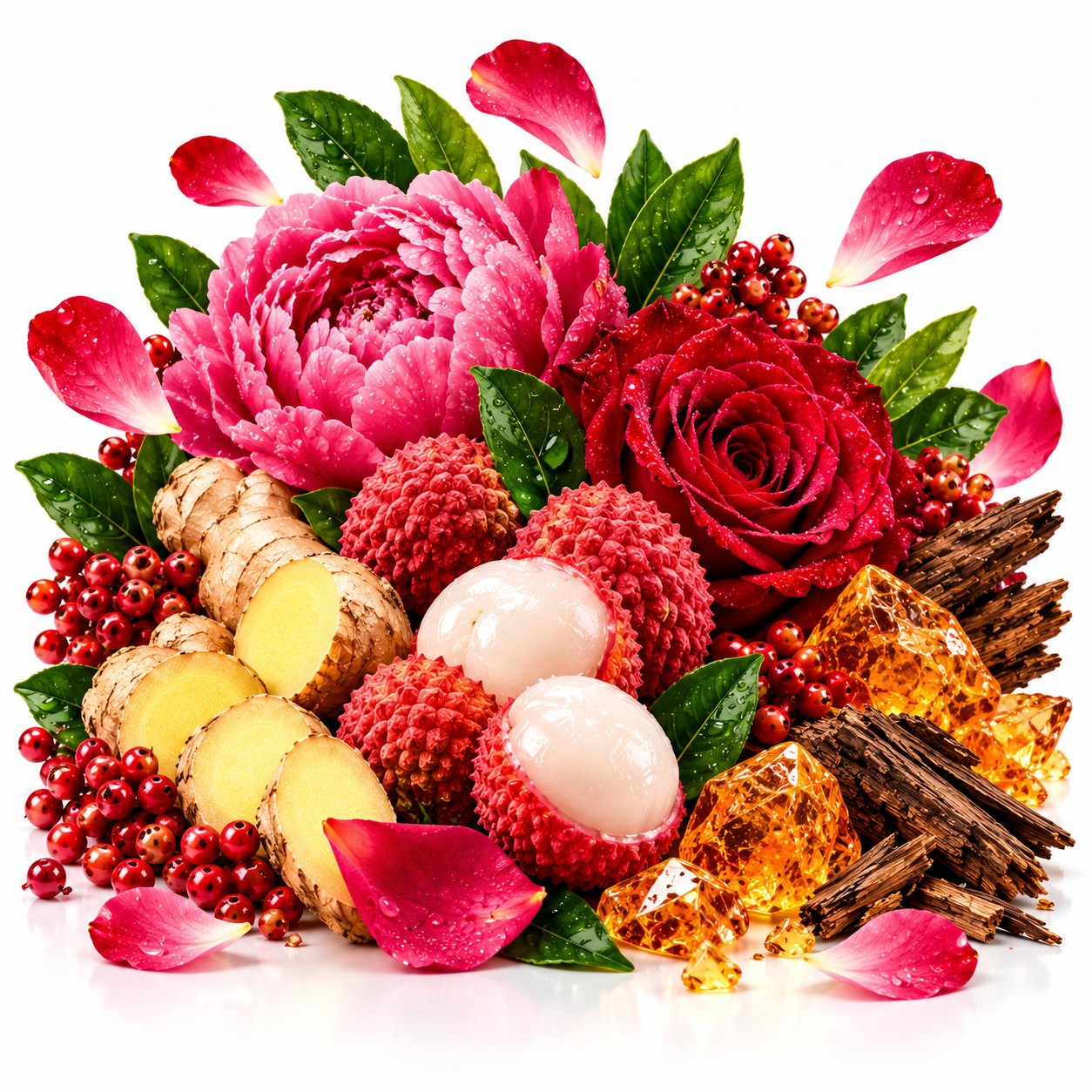 A vibrant botanical and fruit arrangement on a white background, featuring pink and red flowers, green leaves, red berries, sliced ginger, lychee fruits, and amber crystal clusters.