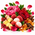 A vibrant botanical and fruit arrangement on a white background, featuring pink and red flowers, green leaves, red berries, sliced ginger, lychee fruits, and amber crystal clusters.