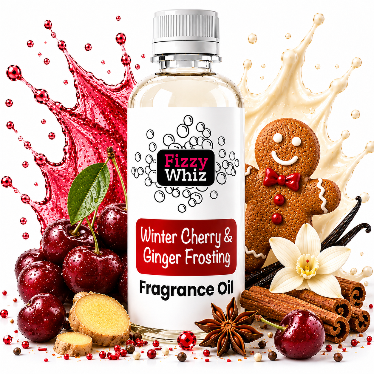A bottle of Fizzy Whiz Winter Cherry & Ginger Frosting Fragrance Oil centered on a white background, surrounded by winter and ginger motifs including cherries, ginger root, cinnamon sticks, vanilla flower, star anise, and a gingerbread cookie.