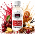 A bottle of Fizzy Whiz Winter Cherry & Ginger Frosting Fragrance Oil centered on a white background, surrounded by winter and ginger motifs including cherries, ginger root, cinnamon sticks, vanilla flower, star anise, and a gingerbread cookie.