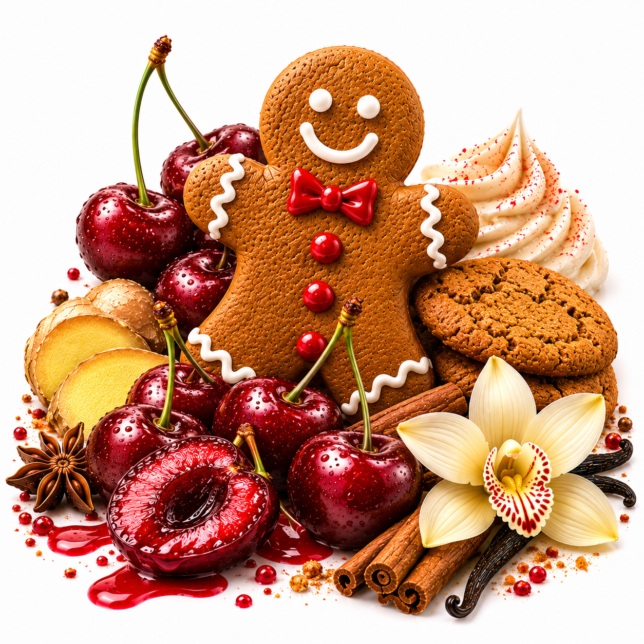A festive gingerbread person cookie surrounded by red cherries, vanilla ice cream swirl, chocolate cookies, cinnamon sticks, star anise, ginger root, and a white orchid flower on a white background.