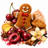 A festive gingerbread person cookie surrounded by red cherries, vanilla ice cream swirl, chocolate cookies, cinnamon sticks, star anise, ginger root, and a white orchid flower on a white background.
