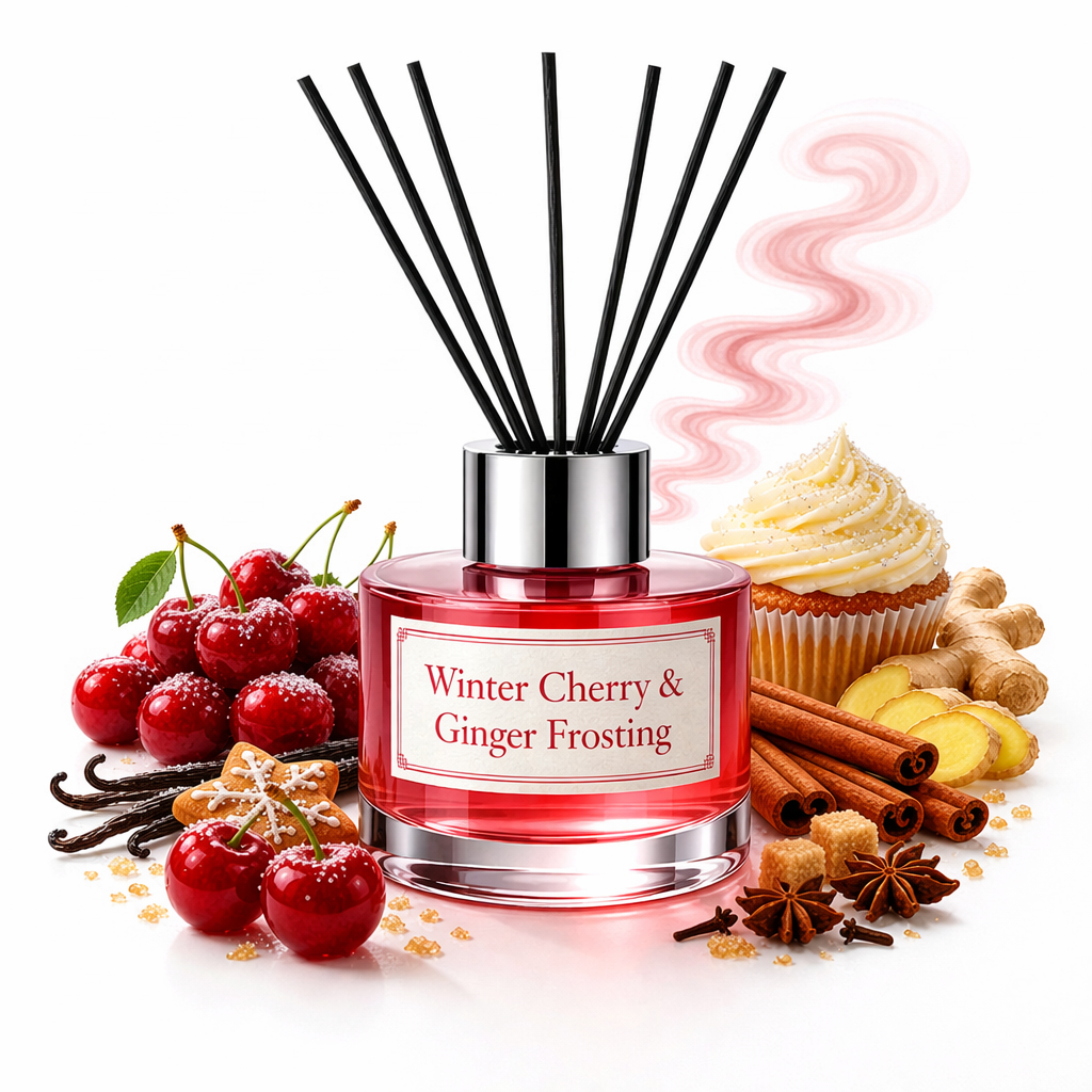 Reed diffuser labeled 'Winter Cherry & Ginger Frosting' with cherry, ginger, and cupcake elements on a white background