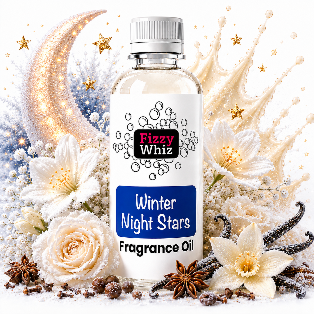 A bottle of Fizzy Whiz Winter Night Stars Fragrance Oil centered against a festive, snowy background decorated with white flowers, vanilla beans, star anise, a crescent moon, and gold stars.