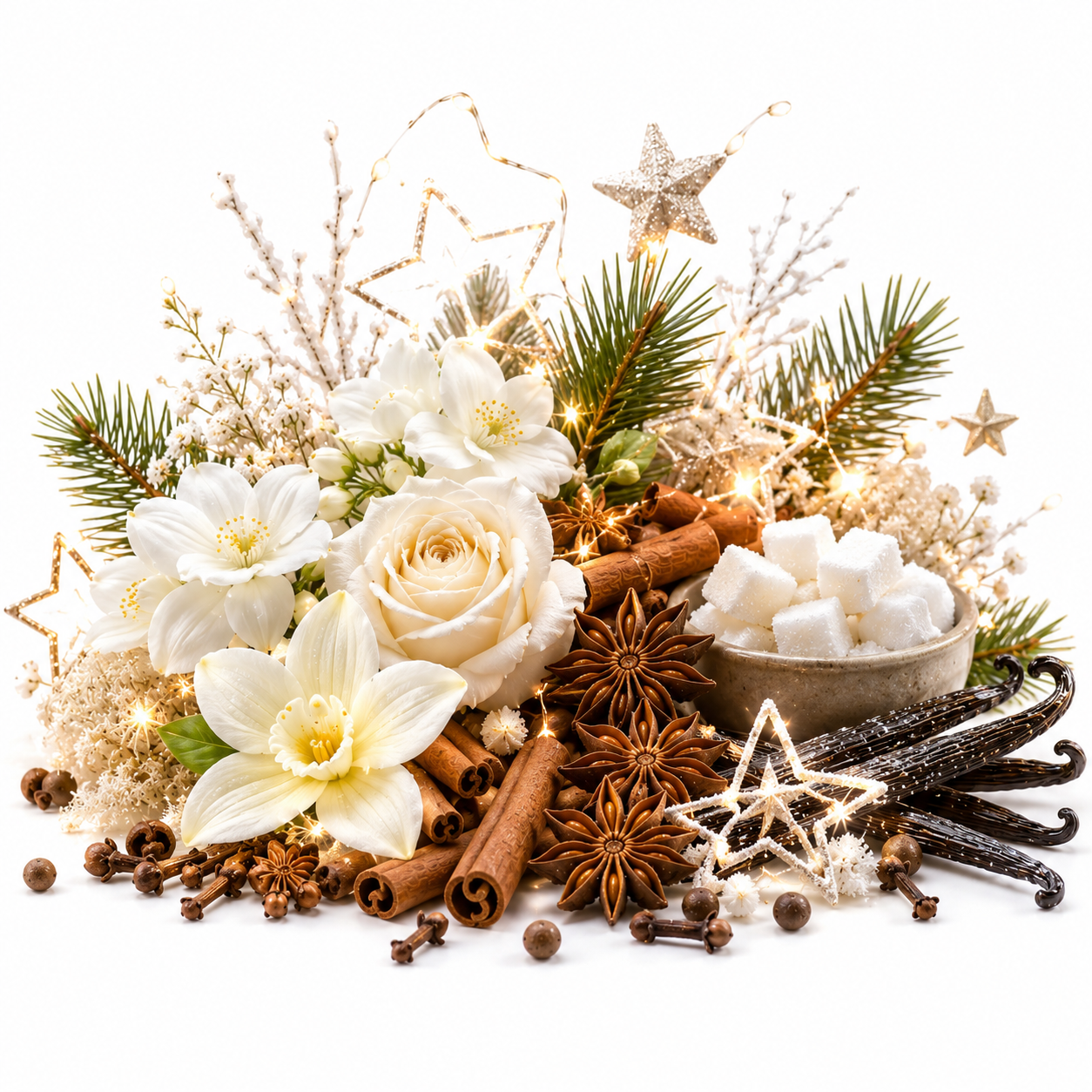 A festive holiday floral and spice arrangement on a white background, featuring white flowers, green pine branches, cinnamon sticks, star-shaped ornaments, vanilla pods, cloves, and a small bowl of sugar cubes.