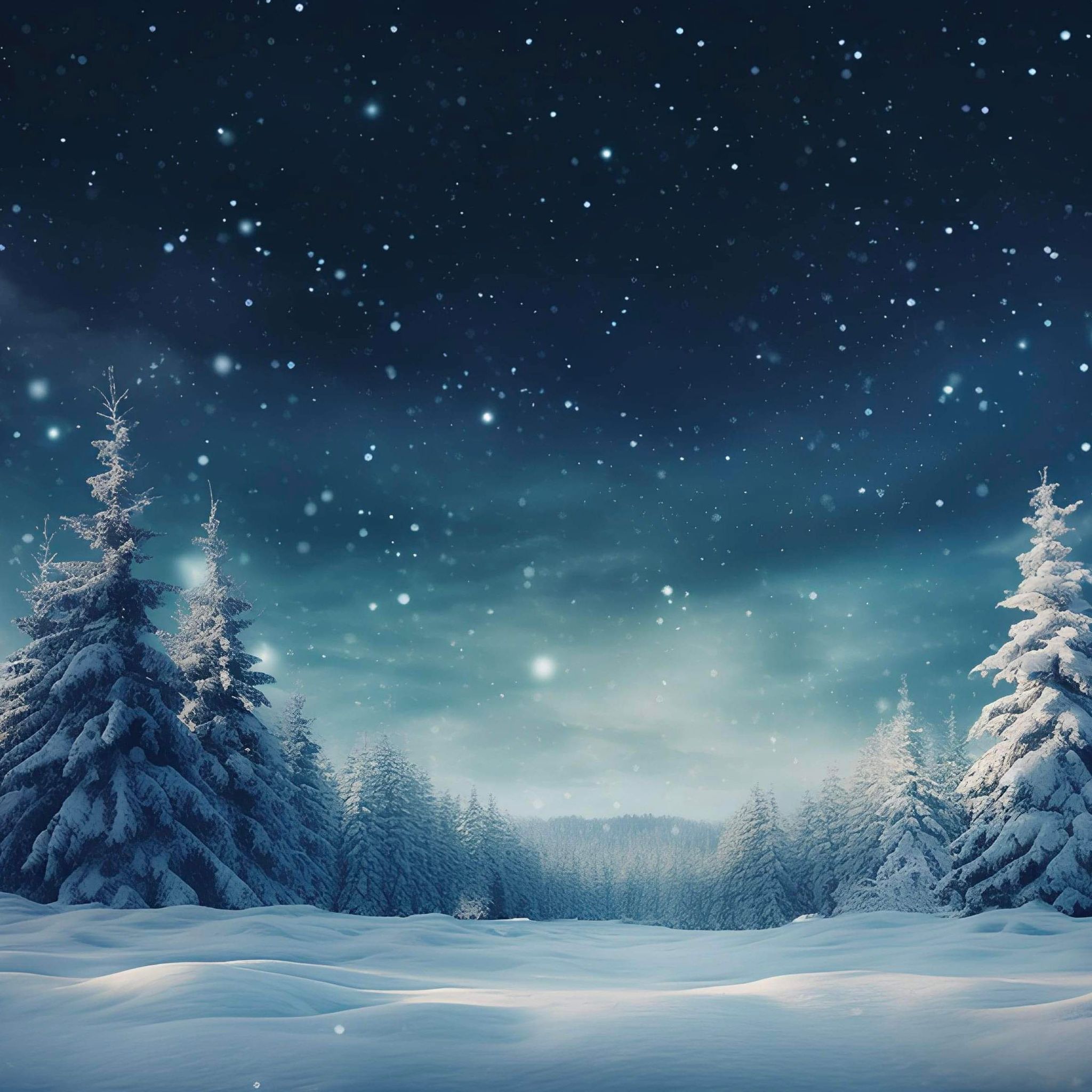 A picturesque winter scene with snow-covered trees and a starry night sky.