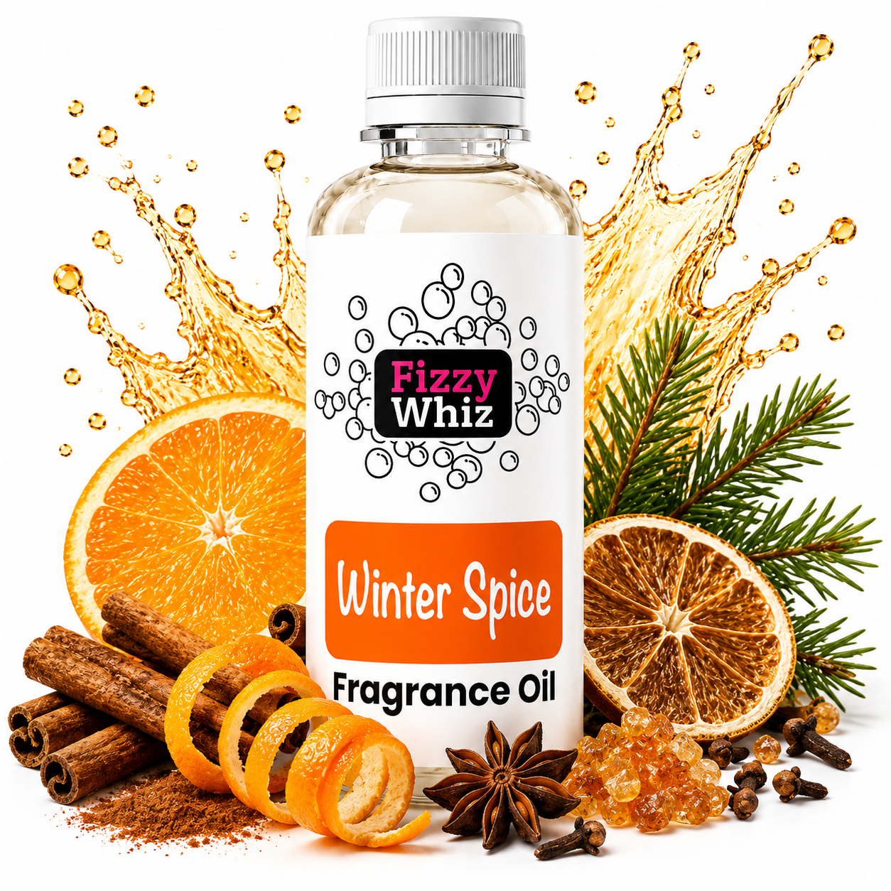 A bottle of Fizzy Whiz Winter Spice Fragrance Oil centered on a white background, surrounded by seasonal scent ingredients including orange slices, cinnamon sticks, star anise, cloves, and evergreen branches, with golden liquid splash graphics behind the bottle.