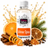 A bottle of Fizzy Whiz Winter Spice Fragrance Oil centered on a white background, surrounded by seasonal scent ingredients including orange slices, cinnamon sticks, star anise, cloves, and evergreen branches, with golden liquid splash graphics behind the bottle.