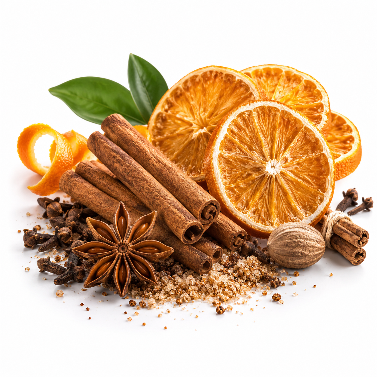 A styled arrangement of dried orange slices, cinnamon sticks, star anise, whole cloves, a nutmeg, and orange zest on a white background.