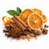 A styled arrangement of dried orange slices, cinnamon sticks, star anise, whole cloves, a nutmeg, and orange zest on a white background.