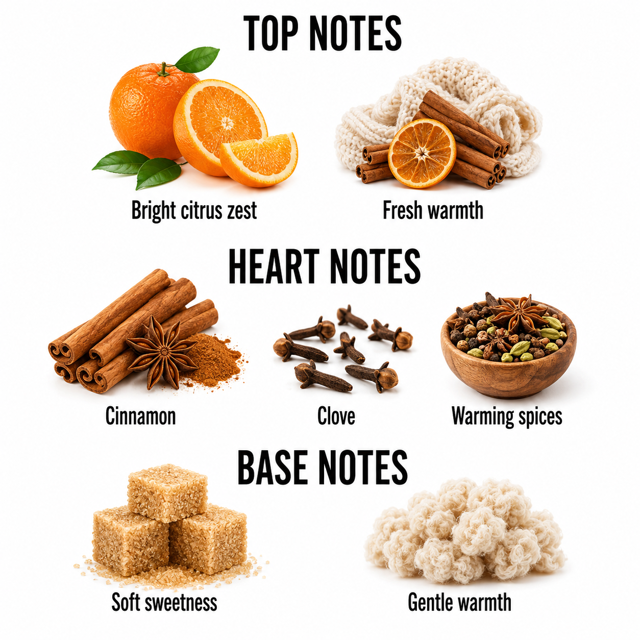 A fragrance notes graphic on a white background with the headings TOP NOTES, HEART NOTES, and BASE NOTES. Top notes shown are bright citrus zest with an orange and sliced orange, and fresh warmth with cinnamon sticks and a citrus slice.