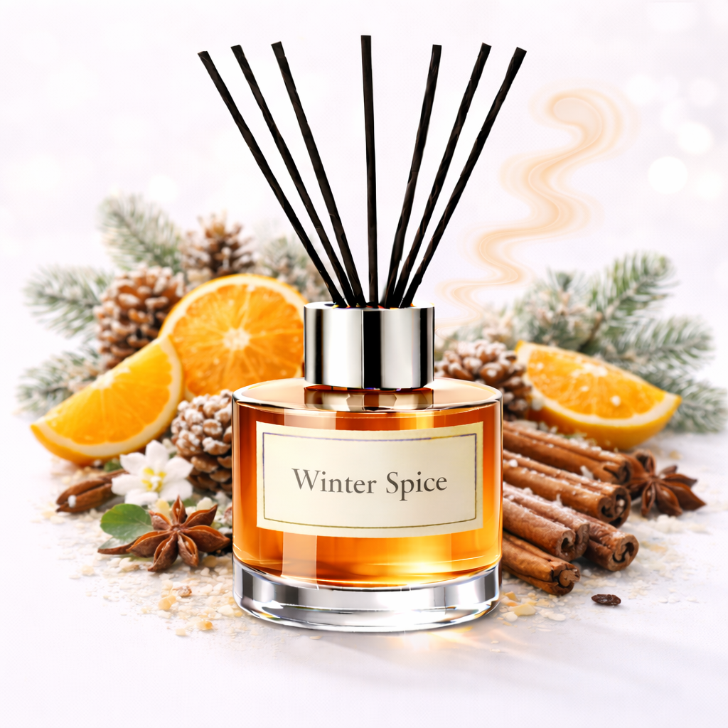 Reed diffuser labeled 'Winter Spice' with decorative elements like oranges, cinnamon sticks, and pine cones on a light background.