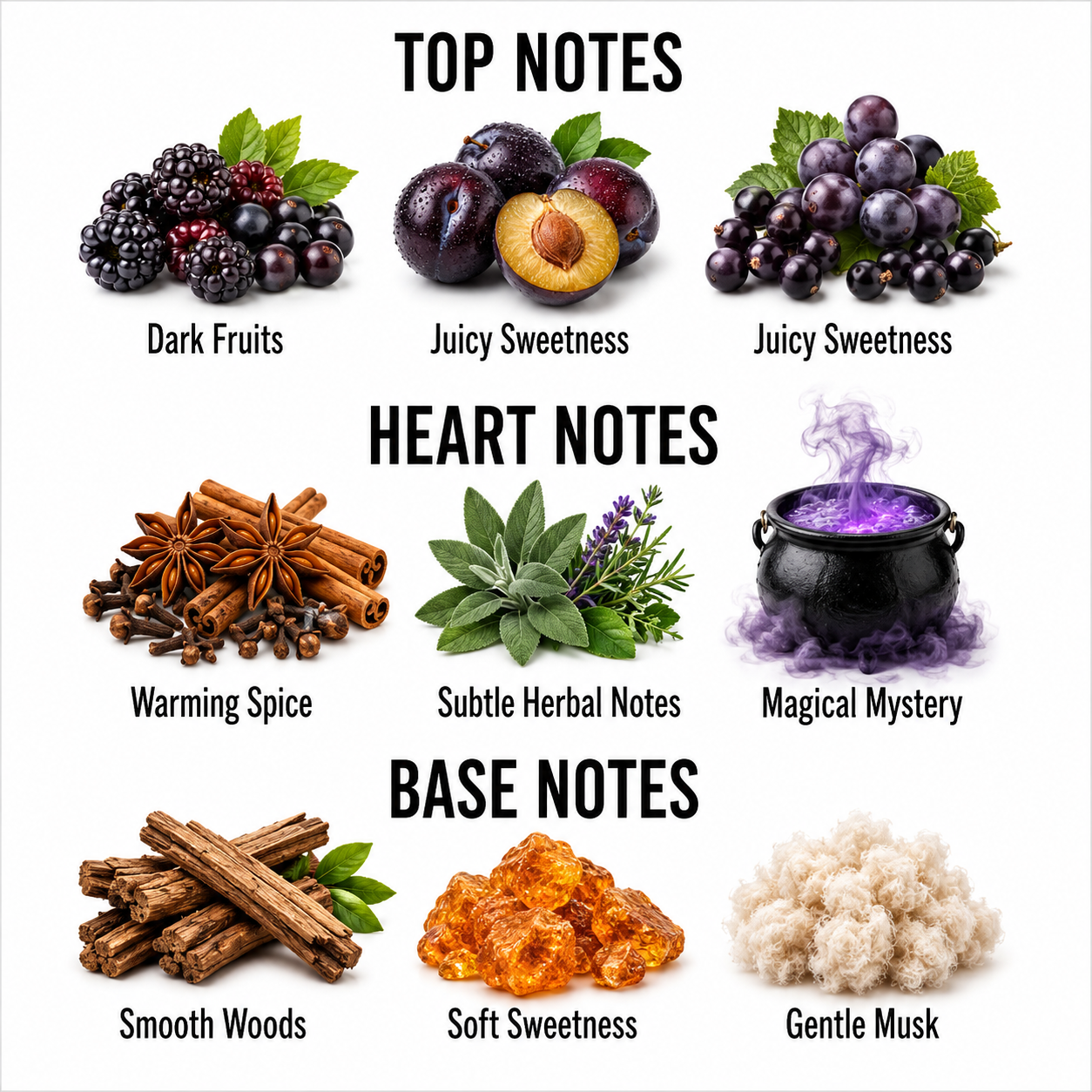 A fragrance notes infographic on a white background, labeled 'TOP NOTES', 'HEART NOTES', and 'BASE NOTES'. Each section shows small illustrated or photographed ingredient imagery with text such as 'Dark Fruits', 'Juicy Sweetness', 'Warming Spice', 'Subtle Herbal Notes', 'Magical Mystery', 'Smooth Woods', 'Soft Sweetness', and 'Gentle Musk'.