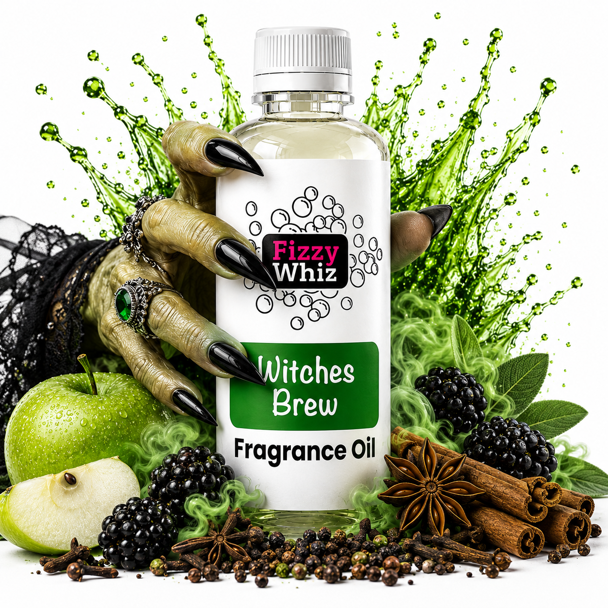 A bottle of Fizzy Whiz Witches Brew fragrance oil centered against a white background, surrounded by thematic props including a green apple, blackberries, cinnamon sticks, star anise, green smoke, and a skeletal hand with black nails.