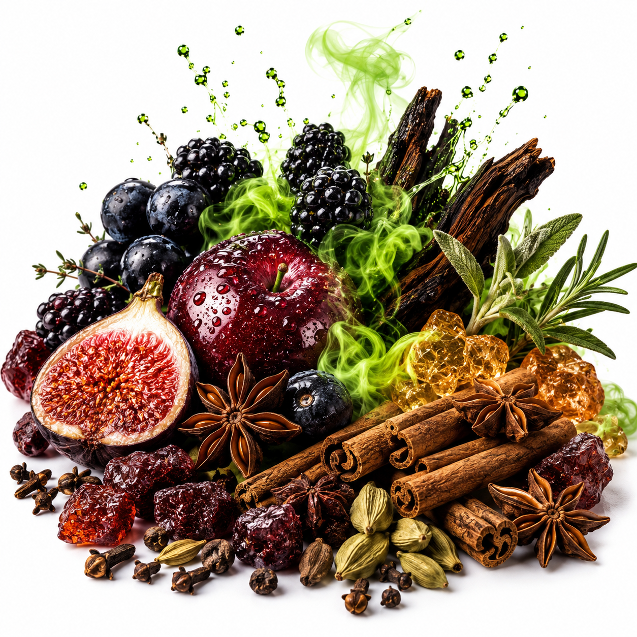 A styled arrangement of whole and sliced ingredients on a white background, including cinnamon sticks, star anise, cardamom pods, dried berries, a red apple, a halved fig, blackberries, blueberries, green leaves, and bright green smoke effects.