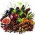 A styled arrangement of whole and sliced ingredients on a white background, including cinnamon sticks, star anise, cardamom pods, dried berries, a red apple, a halved fig, blackberries, blueberries, green leaves, and bright green smoke effects.