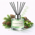 Diffuser with 'Woodland Therapy' label surrounded by natural elements on a white background