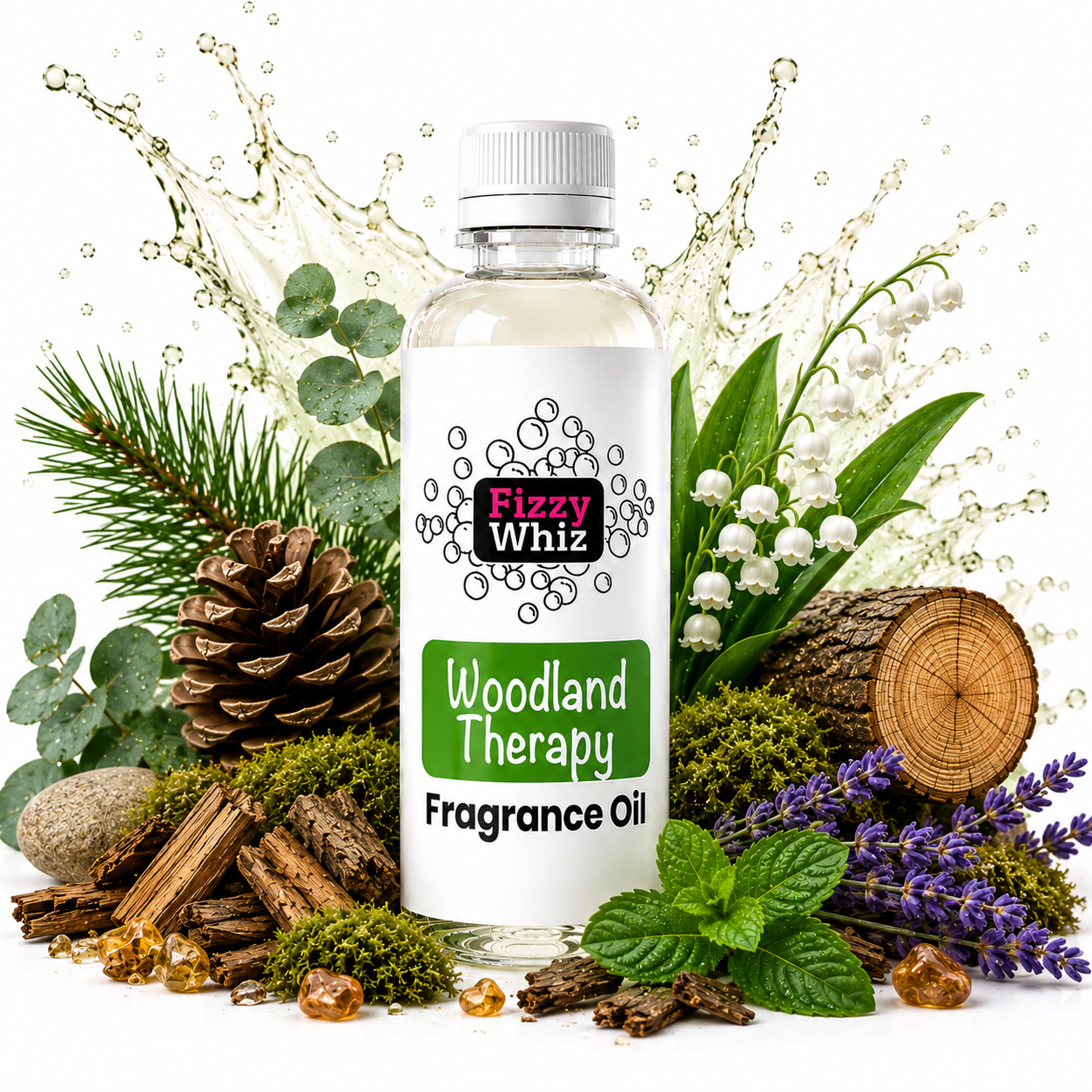 A bottle of Fizzy Whiz Woodland Therapy Fragrance Oil centered on a white background, surrounded by natural scent ingredients including pine branches, a pinecone, eucalyptus leaves, white flowers, lavender, moss, wood chips, cinnamon, and amber crystals.