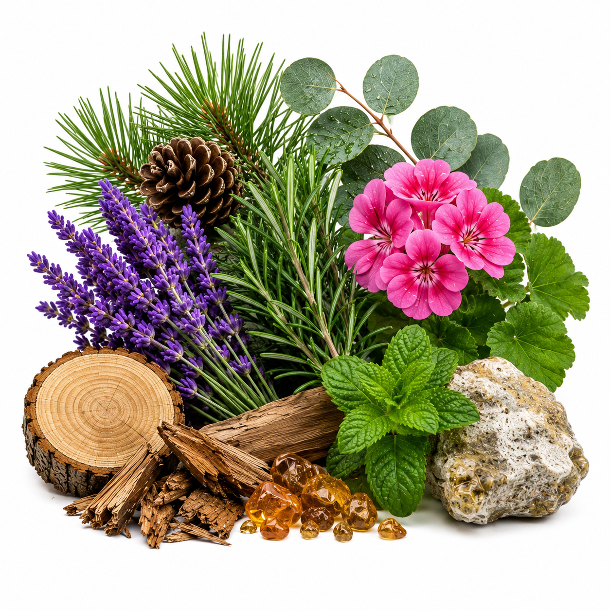 A botanical arrangement on a white background featuring purple lavender, bright pink flowers, green eucalyptus and mint leaves, pine needles, a pinecone, a wood slice, bark pieces, and amber-colored resin droplets.