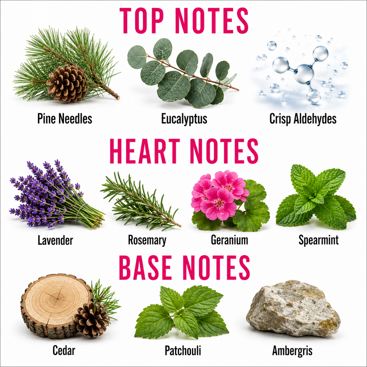 An educational fragrance composition chart displaying top, heart, and base notes with corresponding botanical illustrations on a white background. The top notes include pine needles, eucalyptus, and crisp aldehydes.