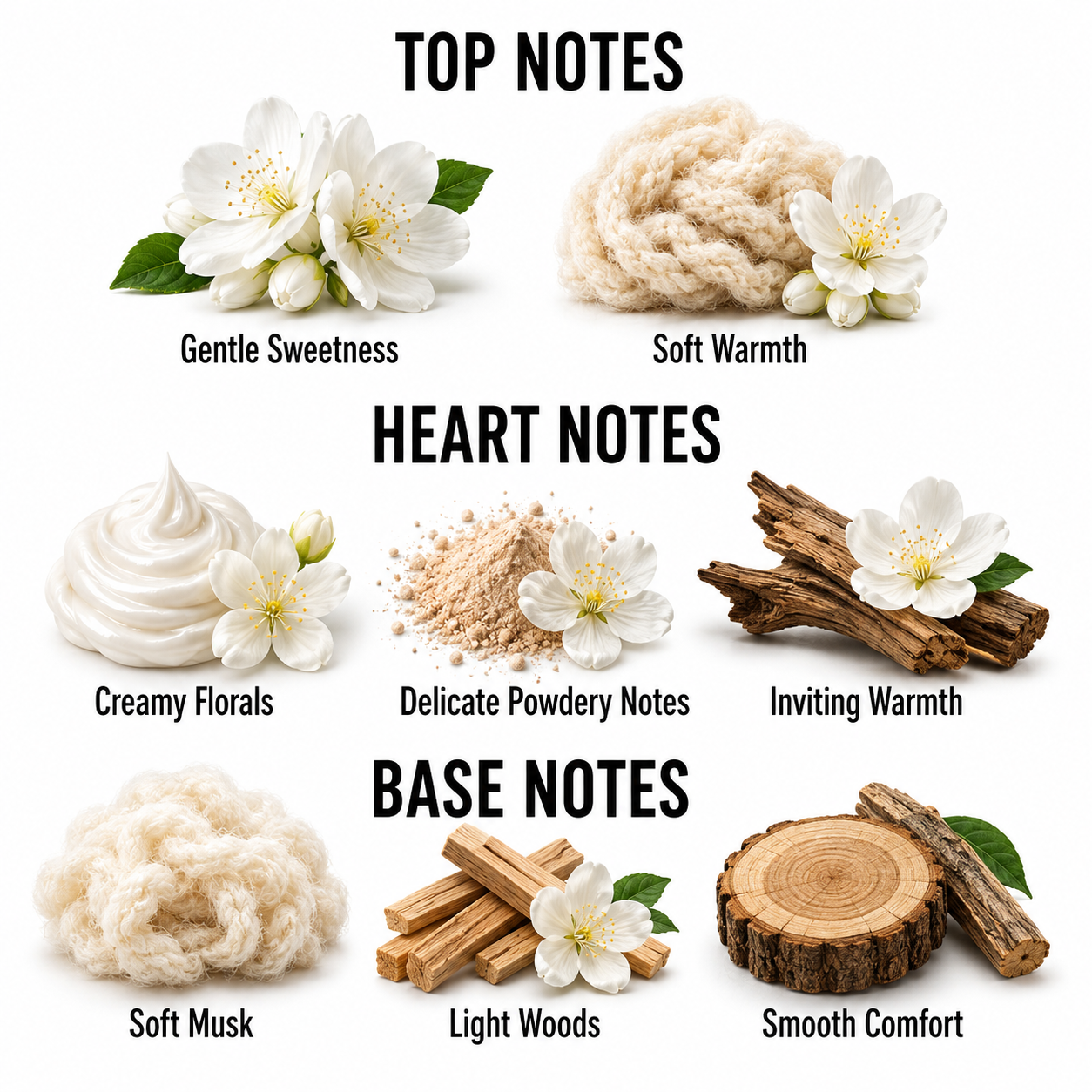 A fragrance notes infographic on a white background, divided into three sections: Top Notes, Heart Notes, and Base Notes. Each section features small illustrations of scents with labels such as Gentle Sweetness, Soft Warmth, Creamy Florals, Delicate Powdery Notes, Inviting Warmth, Soft Musk, Light Woods, and Smooth Comfort.