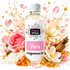 A bottle of Fizzy Whiz Yara Fragrance Oil centered on a white background, surrounded by decorative floral elements, petals, golden droplets, and amber crystals. The bottle has a white cap and a white label with pink and black text.