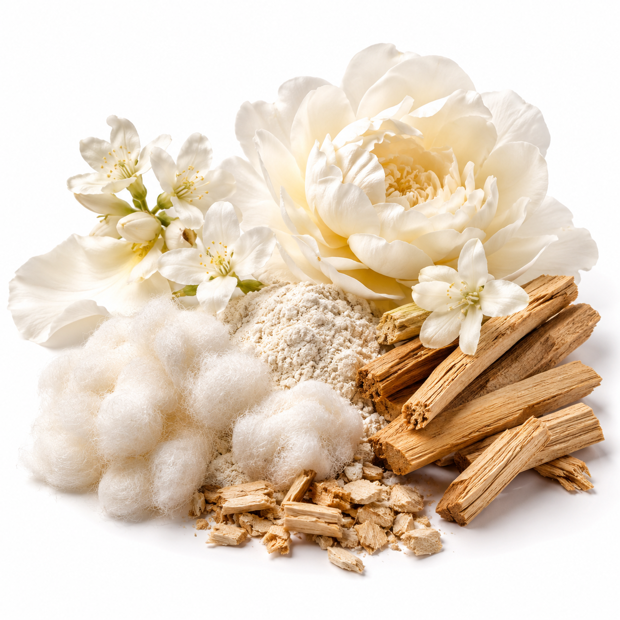 A styled arrangement of natural ingredients on a white background, including white flowers, a large cream blossom, white cotton-like fibers, a mound of pale powder, and light brown wooden sticks and bark pieces.