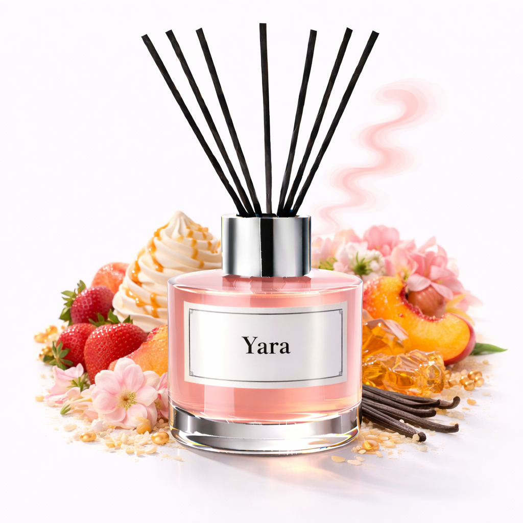 Pink diffuser labeled 'Yara' with black sticks surrounded by fruits and flowers on a white background