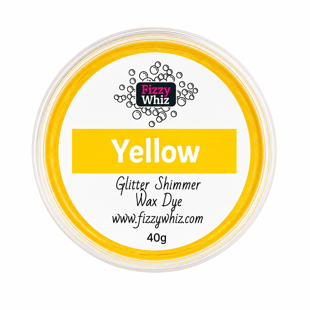 A round plastic tub of Fizzy Whiz Yellow Glitter Shimmer Wax Dye, 40g, on a solid white background.