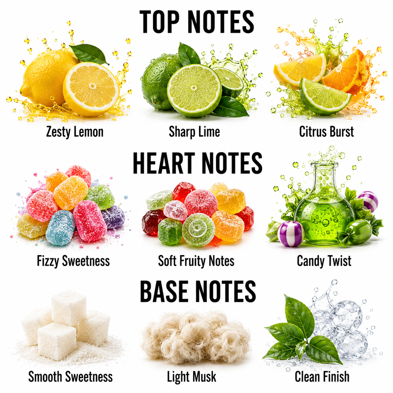 A fragrance notes graphic with three labeled sections: Top Notes, Heart Notes, and Base Notes. Each section shows fruit and candy imagery with text such as Zesty Lemon, Sharp Lime, Citrus Burst, Fizzy Sweetness, Soft Fruity Notes, Candy Twist, Smooth Sweetness, Light Musk, and Clean Finish.