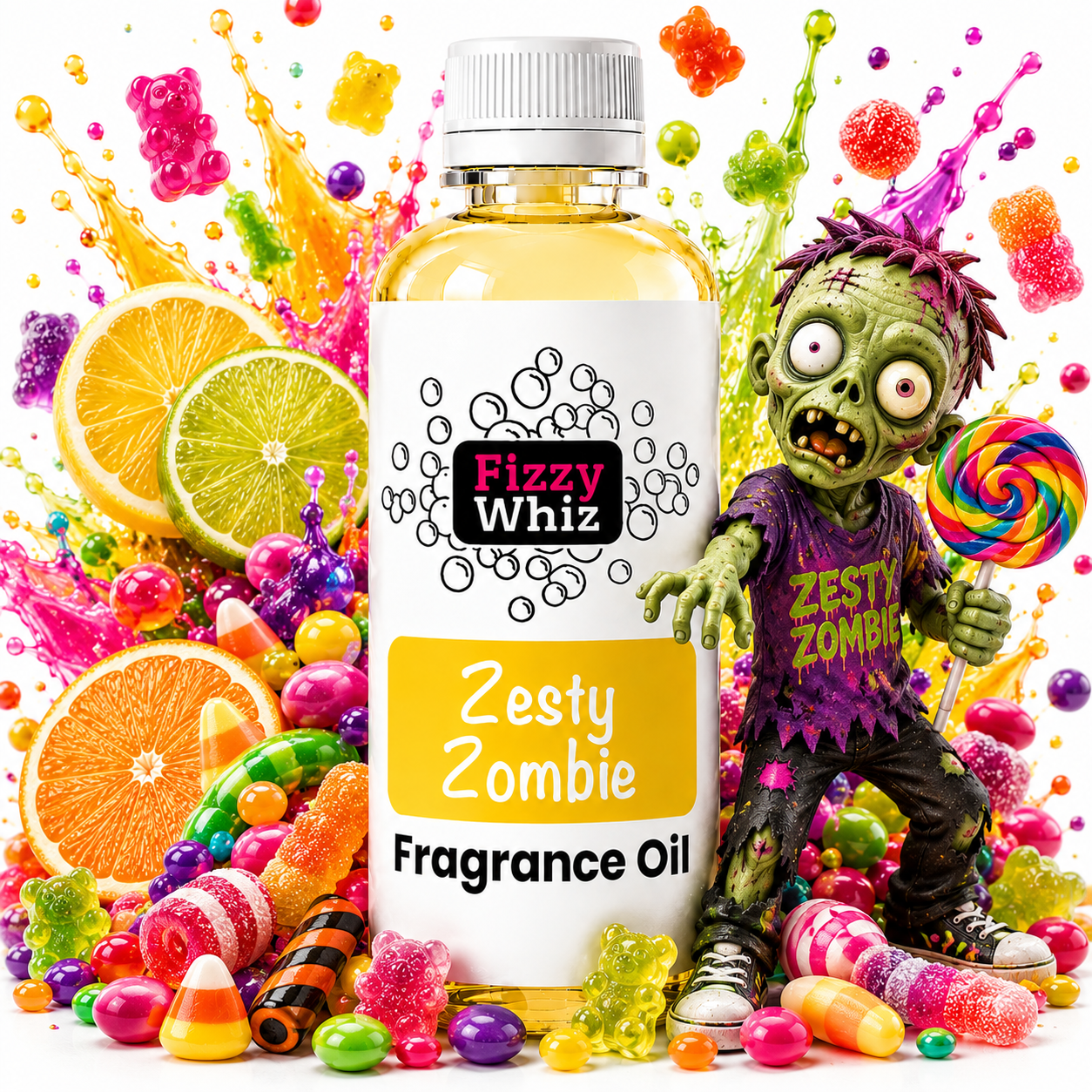 A bottle of Fizzy Whiz Zesty Zombie Fragrance Oil surrounded by colorful candies, citrus slices, and a zombie character on a white background.